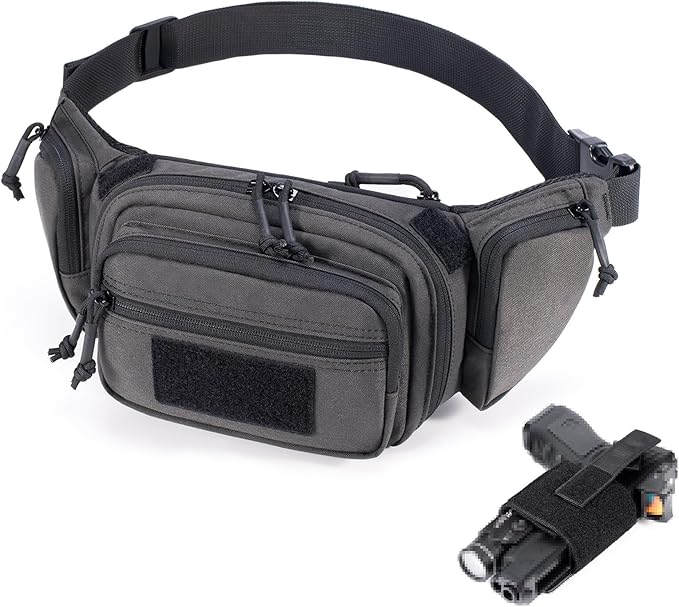 CCW Tactical Fanny Pack for Concealed Carry 500D Nylon Low Profile EDC Waist Bag with Pistol Holster &amp YKK Zippers Everyday Carry Hip Pack (Dark Grey)