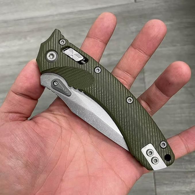 Outdoor Folding Pocket Knife with 3.9 M390 Stonewashed Blade OD-Green G10 Handle Crossbar-Lock Mechanism for Camping Hiking Survival EDC