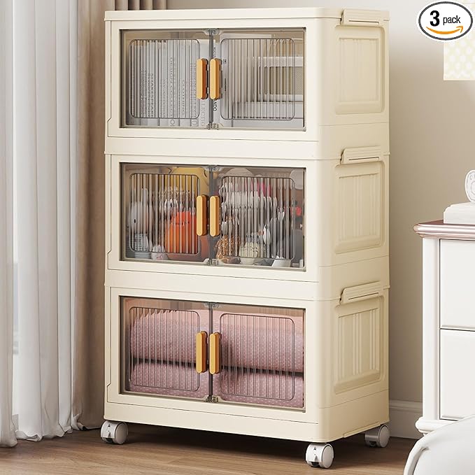 3 Tier Stackable Plastic Storage Bins with Lids 58QT Collapsible Closet Organizers and Storage with Wheels for Living RoomOfficeDorm