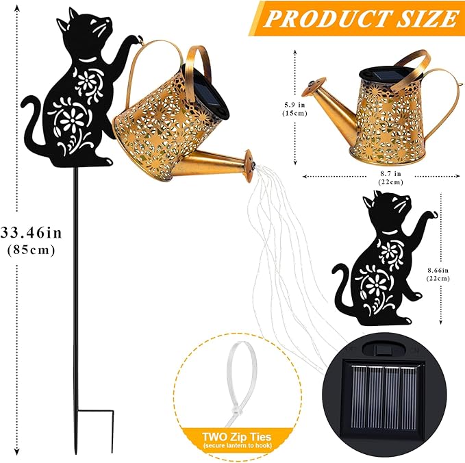 Solar Lights Outdoor Decorative Watering Can with Cascading Lights with Cat Silhouette Garden Stakes Gifts for Mom Women Waterproof Metal Garden Decor for Yard Art Outside Patio Lawn Ornaments