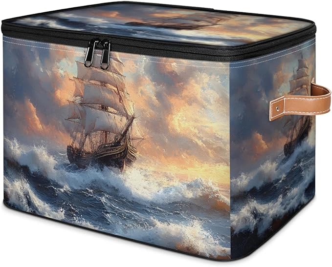 Storage Bins with Lids Ship Ocean Storage Basket Clothes Organizer with Handles Closet Storage Containers for Clothing Bedding Blanket
