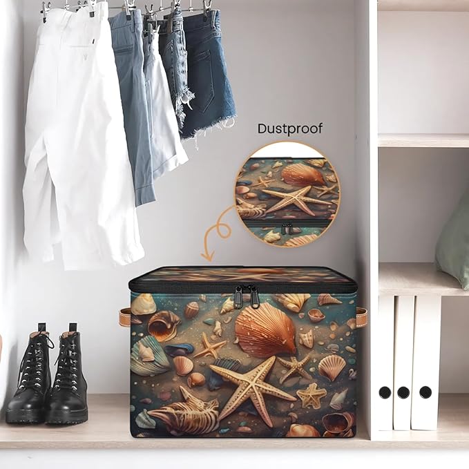 Storage Bins with Lids Retro Starfish Seashells Storage Basket Clothes Organizer with Handles Closet Storage Containers for Clothing Bedding Blanket