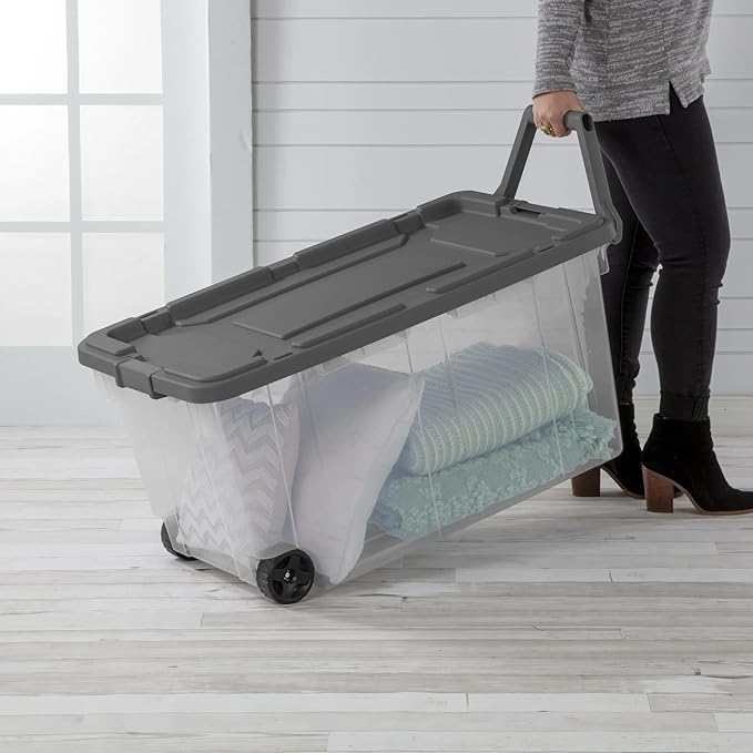 K&ampJ CHIPMUNK Storage Bin 40 Gallon 160 Quart Plastic Rolling Stacker Box Wheeled Storage Box Lidded Stackable Storage Bin Container for Home Garage and Camping Clear Base &amp Gray Lid 2-pack