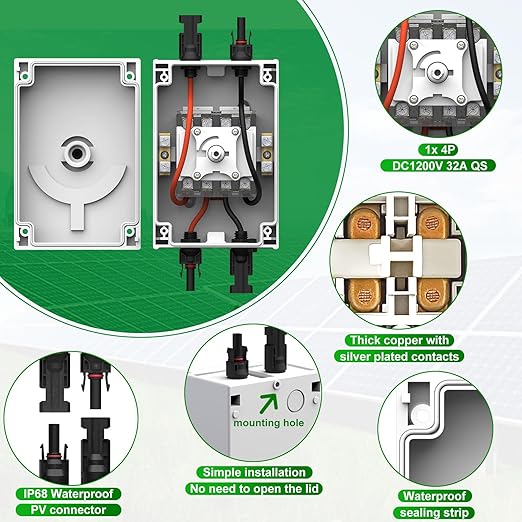 CNLONQ Solar PV Disconnect Switch 32 Amp DC1500V Rapid Shutoff Isolator Switch 1in 1out with Plug &amp Play Connector and IP66 Waterproof for Rooftop Solar Home Systems RVs and Boats