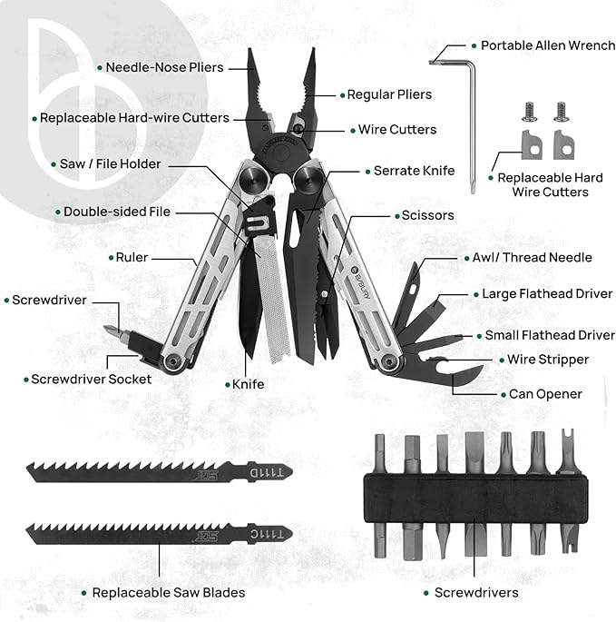 BIBURY Multitool Pliers Pro BI2045 Foldable Multitools with Replaceable Wire Cutters and Saw Stainless Steel Multi Tool w/Upgraded Scissors and Screwdriver Set Ideal for Camping Hiking Survival