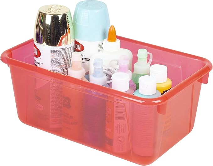 Storex Small Cubby Bins – Plastic Storage Containers for Classroom with Non-Snap Lid 12.2 x 7.8 x 5.1 inches Tint Red 5-Pack (62481A05C)