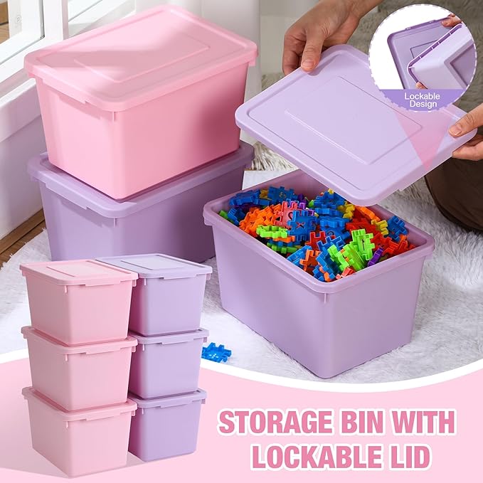 Potchen 6 Pack Cute Plastic Storage Bins with Lids Decorative Stackable Storage Boxes 9.8 ×7.3 ×5.7 Small Storing Totes for Organizing Craft Office Supplies (PinkPurple)