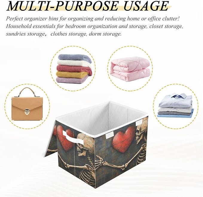 AIXIWAWA Lidded Storage Cube (Skull Love) Fabric Foldable Closet Bins with Flip Lid and Handles Organizer Basket Container 16.5 x 12.6 x 11.8 IN