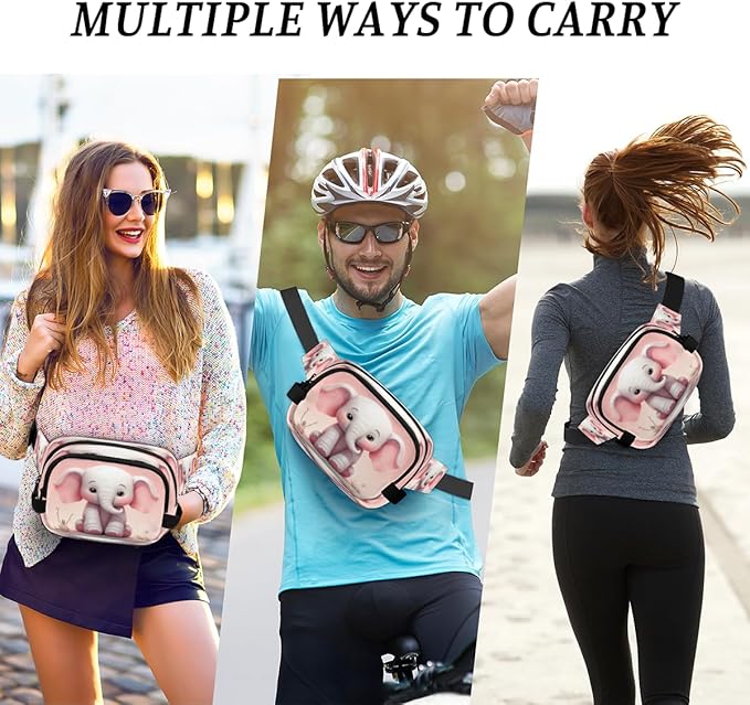 Cute Cartoon Elephant Waterproof Fanny Pack for Women Men Adjustable Waist Bag with Double Zipper Pockets Lightweight Square Hip Pack for Running Travel Hiking Workout Cycling