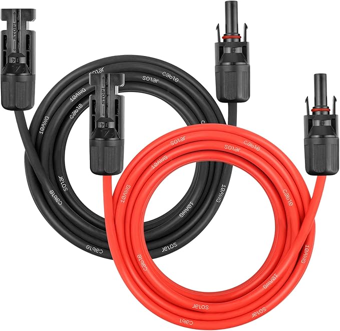 Solar Panel Extension Cable - 10AWG 20FT Solar Wire Cord 10 Gauge PV Wire with Female &amp Male Waterproof Connector for RV Photovoltaic Systems Home Boat Solar Panels Car(20ft Red + 20ft Black)