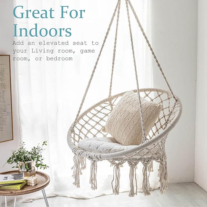 Hanging Swinging Chair Macrame Hammock Hanging Swinging Chairs with Soft Cushions and Hardware Accessories Hanging Chair for Indoor and Outdoor Use 3 Installation Methods Beige (1 Beige)