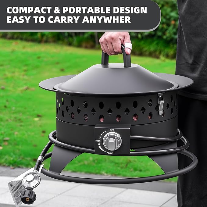 Breezz 20 Inch Propane Fire Pit with Grill 60000 BTU Smokeless Gas Firepit for Outside Patiowith Foldable Cooking Grate &amp 7 lbs Lava Rocks Adjustable Flame Outdoor Camping BBQ