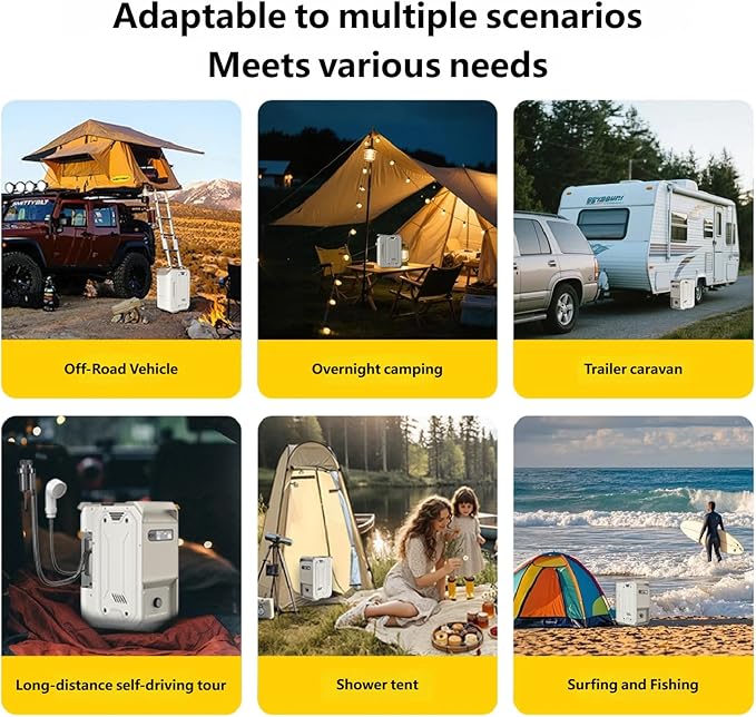 Portable Camping Shower - Instant 3-Second Water Heater with a Rugged All-Metal casing. 4 liters/Minute Ideal for Family Weekend Camping Trips and getaways (E1 Model)