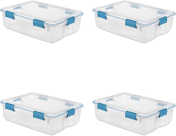 Sterilite 37 Qt Gasket Box Stackable Storage Bin with Latching Lid and Tight Seal Plastic Container to Organize Underbed Clear Base and Lid 4-Pack