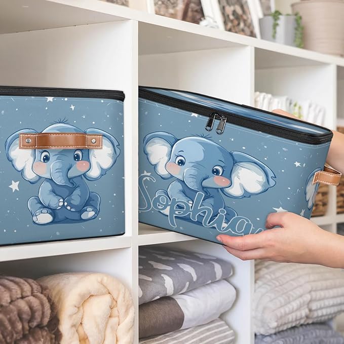 Custom Storage Basket with Name Personalized Storage Bins with Zipper Lid Foldable Fabric Storage Box Large capacity with Handle Elephant Star Blue