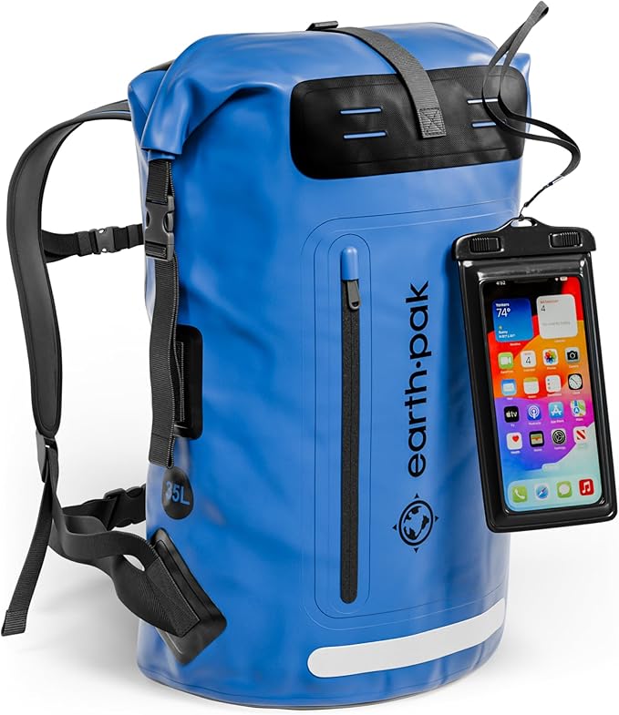 Earth Pak Waterproof Backpack - Heavy Duty Roll-Top Closure with Easy Access Front-Zippered Pocket and Cushioned Padded Back Panel for Comfort with IPX8 Waterproof Phone Case