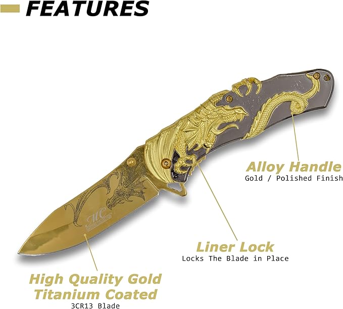 Masters Collection -Spring Assisted Open Folding Knife - Gold TiNite Coated Stainless Steel Blade w/Etched Dragon Gold and Black 2-Tone Zinc Alloy Handle w/Sculpted Dragon - MC-A045