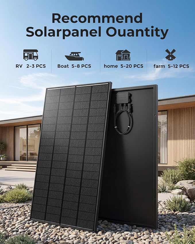 1000 Watt Solar Panel 5 PCS 200W N-Type 16BB 12V Solar Panels with 25.6% High Efficiency IP68 Waterproof 30-Year Long-Lasting Monocrystalline Panels for RV Van Marine &amp Off-Grid Systems