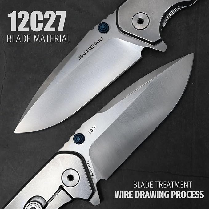 SANRENMU SRM 9008 Outdoor Folding Knife 12c27 Blade Hiking Adventure Camping Picnic Wilderness Survival Hunting Fishing EDC Portable Folding Knife (9008（Silver）)