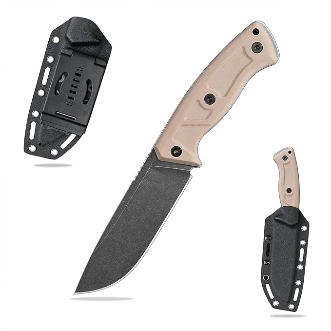 Knives 14C28N Steel Tactical Fixed Blade Knife with kydex sheath G10 Handle for Men EDC Outdoor Camping Survival Hunting (Black stone wash+khaki G10)