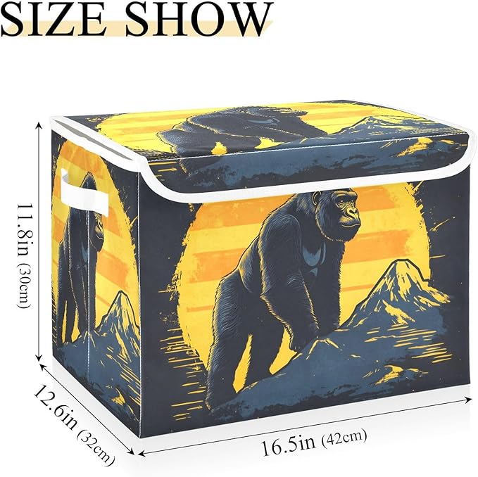 Gorilla Poster Storage Cube Bins Basket with Lid Collapsible Flip-top Fabric with Handle for Home Bedroom Closet Office 16.5×12.6×11.8 in