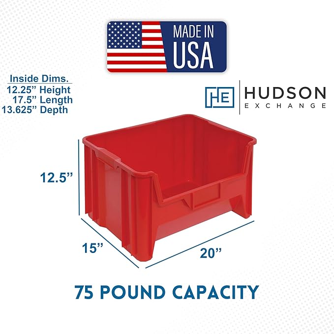 Hudson Exchange 20 x 15 x 12.5 (1 Pack) Plastic Giant Stackable Hopper Bin Container Red