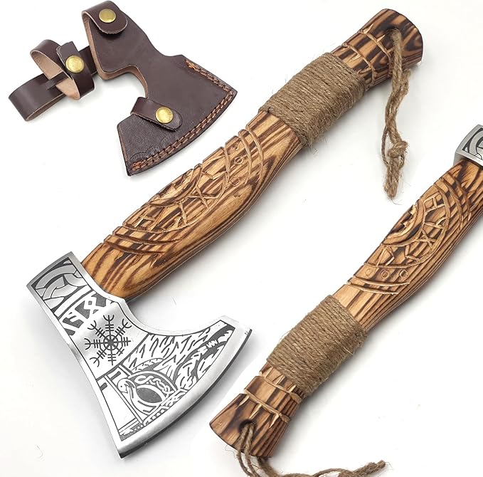 Custom Handmade Carbon Steel Real Viking Axe HatchetCamping Axe Birthday Gift for him Leather Wrapped Handle and Leather Sheath ((FM 22))