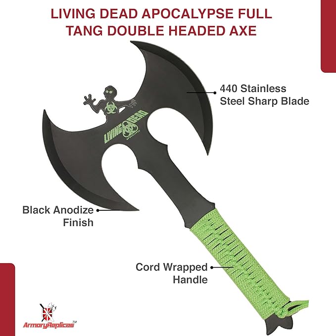 Armory Replicas™ Double Headed Skulking Throwing Axe – Full Tang Black Anodized Stainless Steel Axe with Green Nylon Wrap &amp Sheath