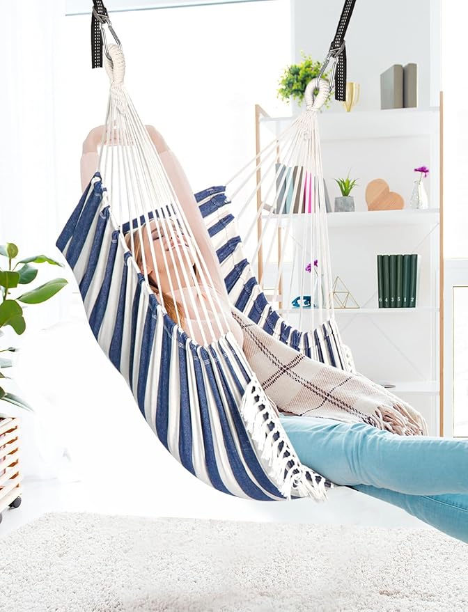 Chihee Hammock Chair Hanging Swing 2 Pillows IncludedStrong Webbing Straps and Hooks for Easy Hanging Soft Cotton Hanging Chair Side Pocket Tassel Chair Comfort Indoor Outdoor Blue White