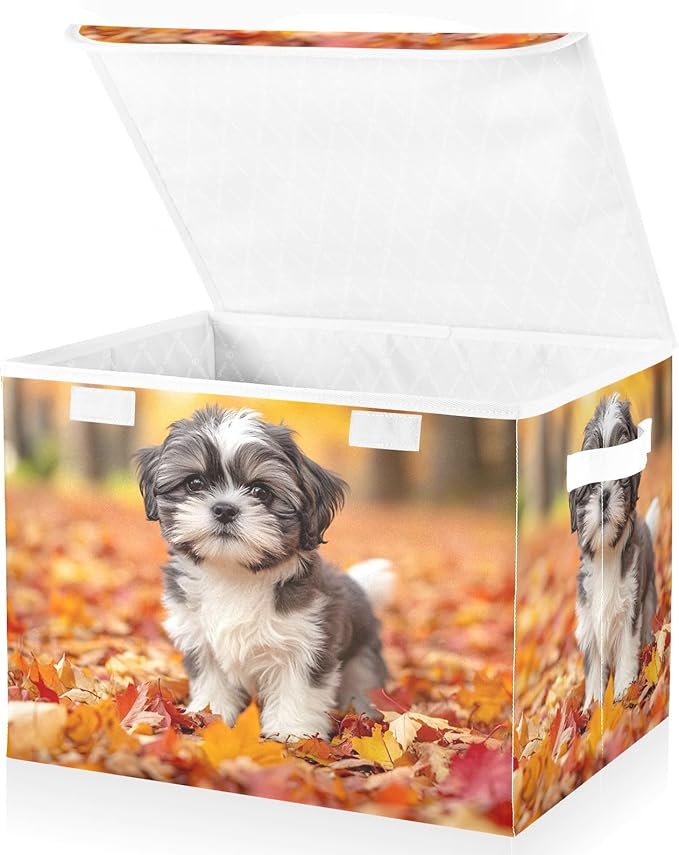 AIXIWAWA Lidded Storage Cube (Fall Puppy) Fabric Foldable Closet Bins with Flip Lid and Handles Organizer Basket Container 16.5 x 12.6 x 11.8 IN