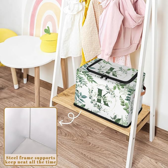 Personalized Eucalyptus Initials Storage Bins with Zipper Lid Custom Fabric Storage Boxes Foldable Closet Organizers Cubes for Clothes Shelves Home Decorative 2PCS Sage Green