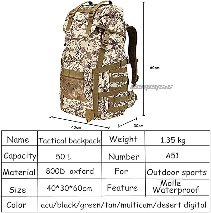 50L Military Tactical Backpack Outdoor Trekking Camping Army Backpack Large Capacity Airsoft Combat Training Molle Bags (acu)