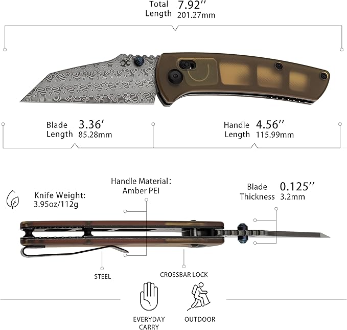 KANSEPT Main Street Pocket Folding Knife 3.36'' Damascus Sharp Blade Yellow PEI Handle with Axis Lock and Thumb Stud Clip for Camping Hiking Fishing Gift Everyday Carry T1015v12