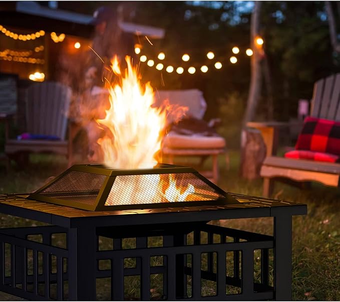 Tuoze 32-inch Fire Pits Outdoor Patio Metal Multifunctional Firepit Table with Waterproof Cover for Camping Bonfire Party Picnic BBQ Backyard Garden Outside Heatingblack