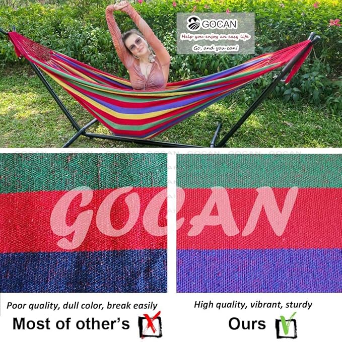 GOCAN Brazilian Double Hammock 2 Person Extra Large 220x160cm Total Length 330cm Load 500lb Canvas Cotton Hammock for Patio Porch Garden Backyard Lounging Outdoor and Indoor(Rainbow) XXL