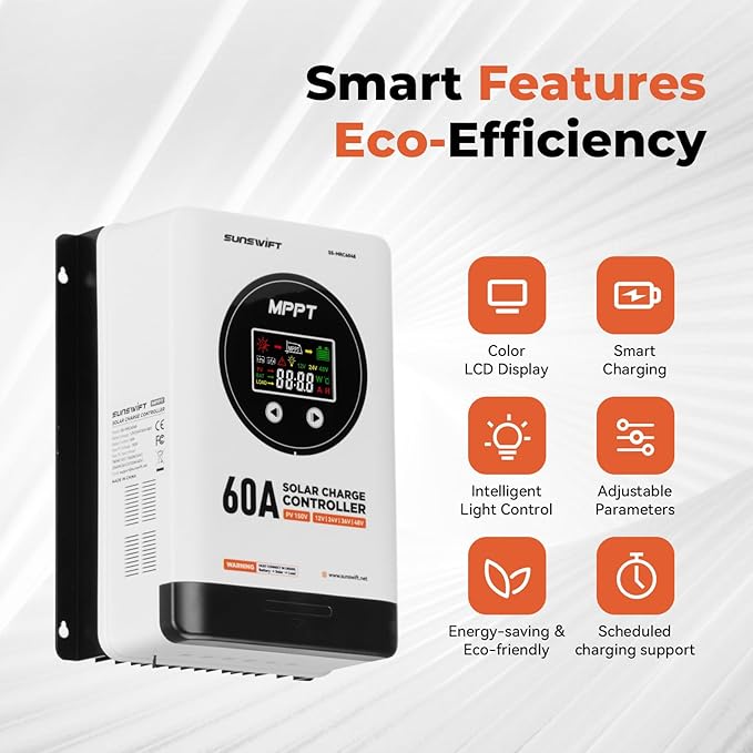 60A MPPT Solar Charge Controller 12V/24V/36V/48V Auto Large LCD Display Compatible with AGM Gel Flooded &amp Lithium Batteries Plug-and-Play Maximum 150V Input
