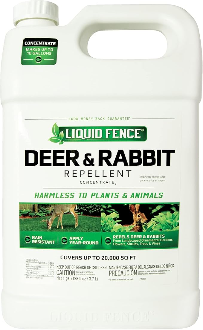 Liquid Fence Deer and Rabbit Repellent Granular 5 Pounds Pack of 4 and Concentrate Repels Deer and Rabbits 1 Gallon