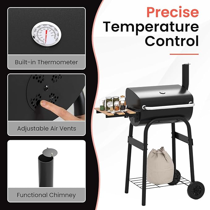 Happygrill Barrel Charcoal Grill Outdoor BBQ Smoker Grill w/Foldable Side Table Built-in Thermometer Storage Shelf Adjustable Air Vent Portable Barbecue Grills w/Wheels for Camping &amp Picnic