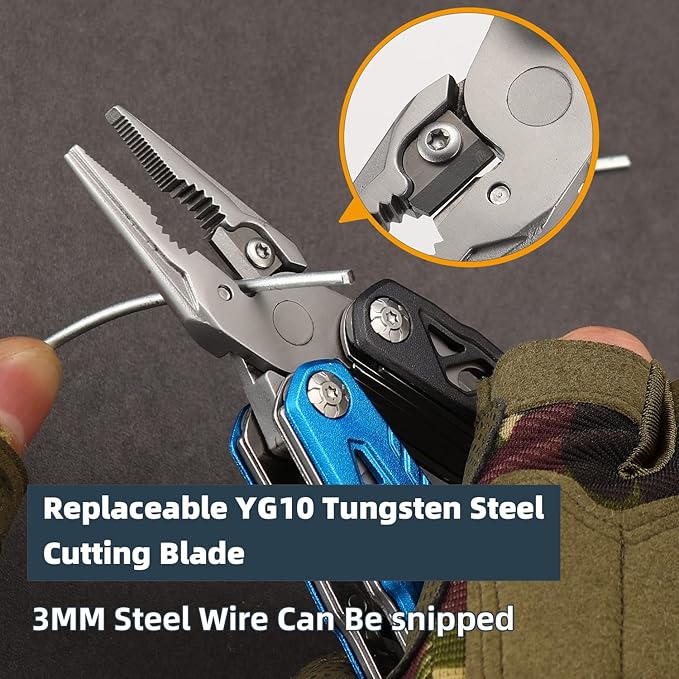 HANSHI Upgraded Adjustable Wrench Multitool Hammer with YG10 Tungsten Steel Replaceable Wire Cutters for Men18 in 1 Pocket Multi Tool Knife with Spring-Action Pliers for CampingSurvival (Blue)