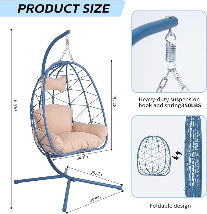Hanging Egg Chair with Stand Outdoor Indoor Patio Rattan Swing Hammock Chairs with Washable Cushion PE Wicker Swing Chair for Backyard Bedroom Garden (Blue + Beige Cushion No Footrest)