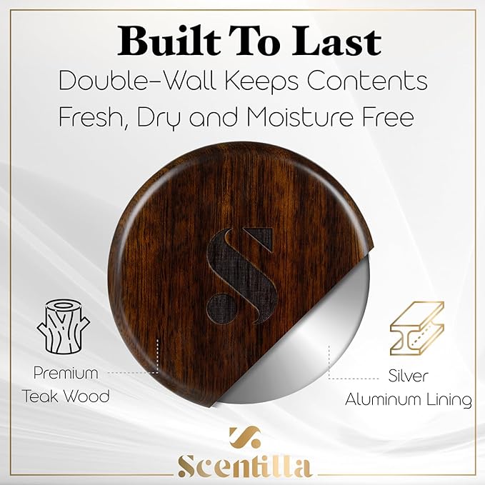 Luxury Real Teak Wood &amp Metal Pouch Container - Premium Pouch Can &amp Holder - EDC Storage Tin - Gift for Men Husband Boyfriend - Odor &amp Moisture Proof - with Gift Box &amp Velvet Bag