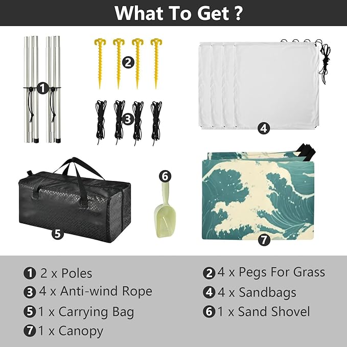 Beach Canopy with Windproof Ropes &amp Sandbags Beach Tent Sun Shade Sun Shelter for Camping Trips Fishing Backyard Fun or Picnics Waves