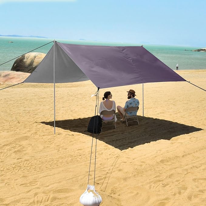 Grey Gradient Beach Tent UPF50+ Protection Lightweight Sun Shelter with Sandbags and Shovel for Camping Fishing Backyard Fun