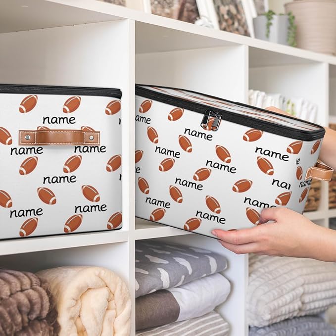 Custom Storage Bins with Zipper Lid Football Personalized Foldable Storage Baskets Brown Closet Shelf Clothes Organizer Cube with PU Leather Handles