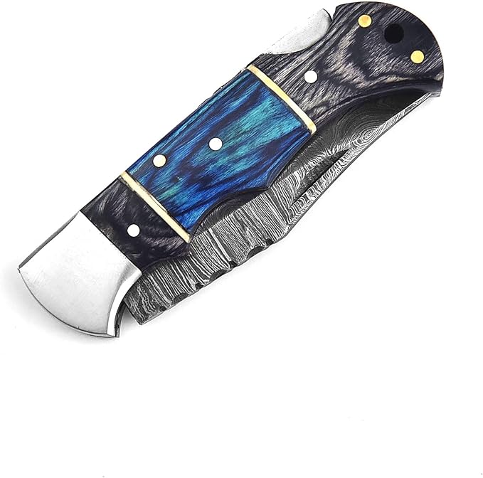 Pocket Knife 2.92 Drop Point Damascus Steel Blade Folding Knife with Blue &amp Black Wood Handle Back Lock EDC Knives with for Men Women GK-751 (Black &amp Blue)