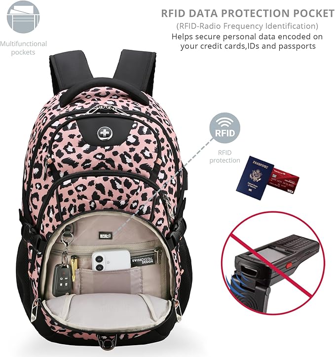 Swissdigital Laptop Backpack with USB Charging Port Travel Backpack Fits 15.6 inches Computer 31L Backpack for Women Pink Leopard | SD803-102