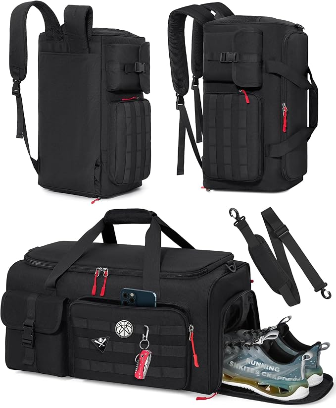 RAINSMORE Gym Bag for Men 45L Sports Travel Duffel Bag with Shoe &amp Laptop Compartment Gym Workout Backpack Carry On Weekender Bag Overnight Backpack for Travel Black