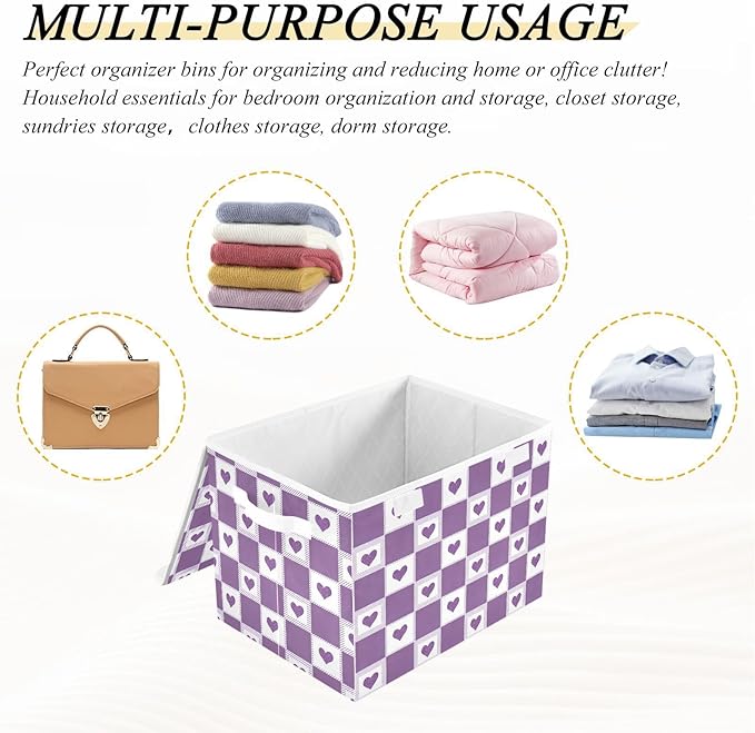 Cute Checkered Purple Hearts Storage Box with Lid 1 PC Foldable Storage Bin with Lids Stackable Storage Bins Cube Closet Organizer Basket with Flip-Top Lid &amp Handles for Shoes Books Towels