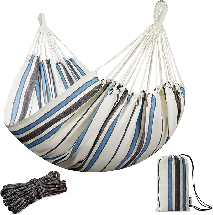 JoyView Brazilian Double Hammock with Hanging Ropes Extra Large 86.6x59” Portable Cotton Hammock for Patio Backyard Porch 450LBS Weight Capacity Perfect for Outdoor/Indoor - Blue &amp White Stripes