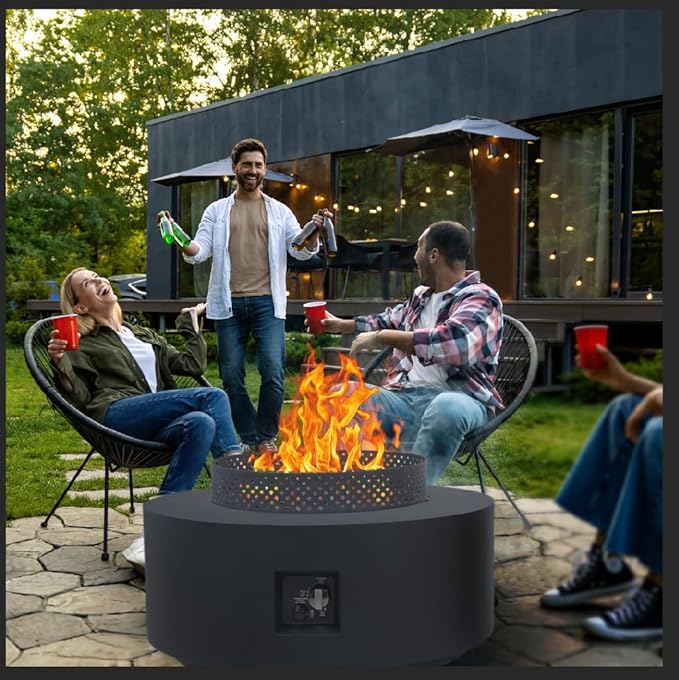 3-Piece Outdoor Fire Pit Table 32 Inch Propane Fire Table 65000 BTU Black Round Gas Firepit Baking Sheet Wind Guard and 16 inches Tank Side Table for Deck Backyard and Pool Black